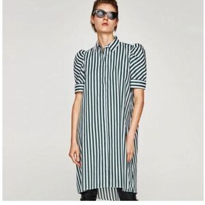 Zara Green and White Striped‎ Shirt Tunic Style Dress xs